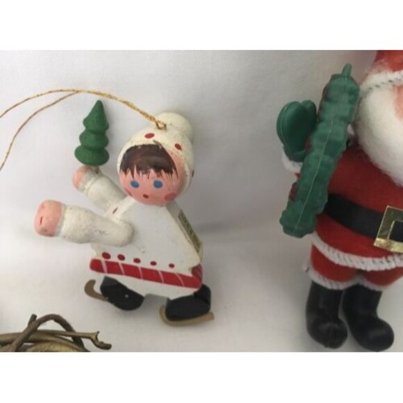 Vintage Christmas Decorations Flocked Santa, Wooden Ornaments, Wreath - Picture 4 of 5